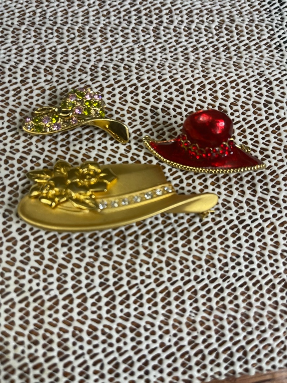 Decorative Hat Brooch Trio - Red, Gold, Pink Accents